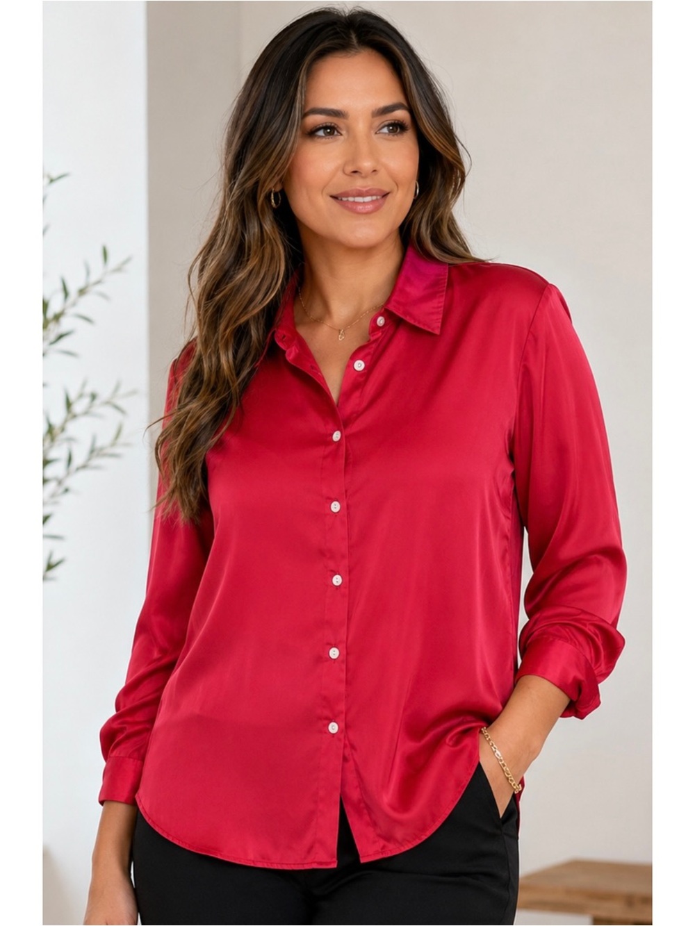 Zara Fuchsia Red Satin Long Sleeve Button Up Blouse XS Office Wear Casual